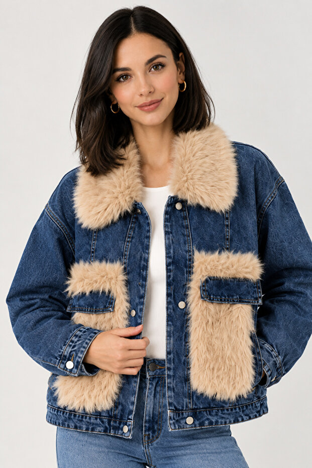 Short Pocket Fur Denim Coat