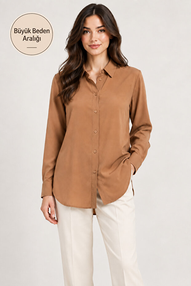 Women's Camel Viscose Shirt Long Sleeve Buttoned Comfortable Fit Classic Collar Shirt -