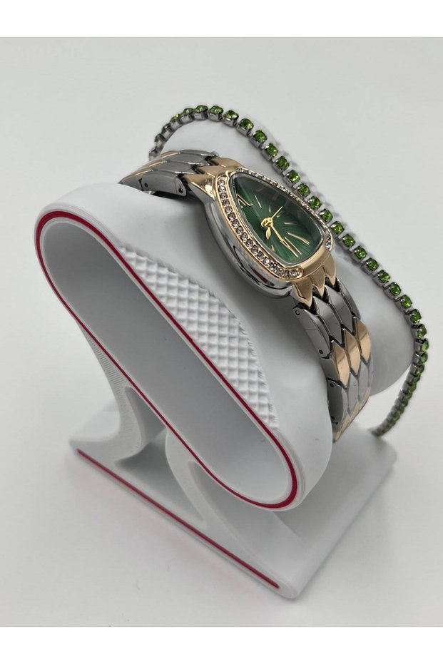 Women's Wristwatch and Bracelet Combination Set – Stylish Steel Band Watch and Colorful Stone Bracelet as a Gift