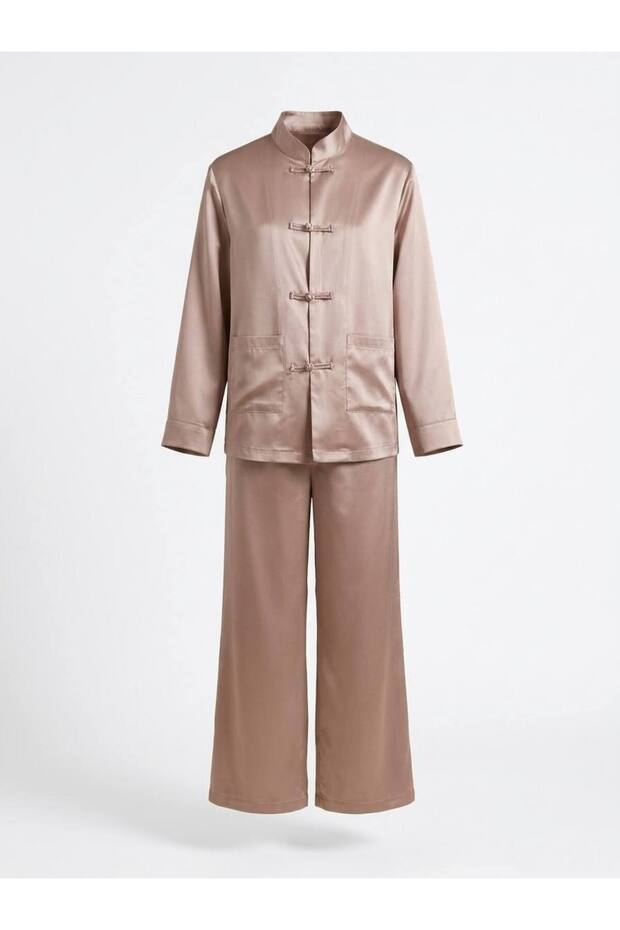 Women's Judge Collar Chinese Buttoned Jacket Shirt and Wide Leg Pants Two-Piece Satin Set