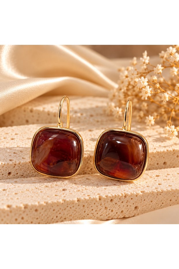 Agate-Looking Burgundy Brown Stone Gold Women's Earrings – Square Dangle Earrings