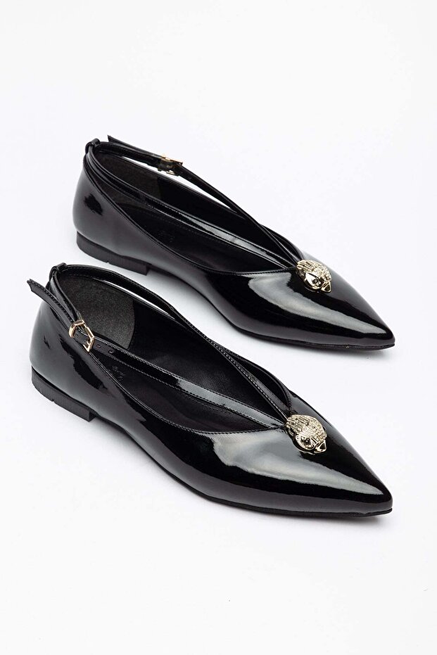 Large Size Women's Ballerinas with Black Patent Leather Buckle and Pointed Toe