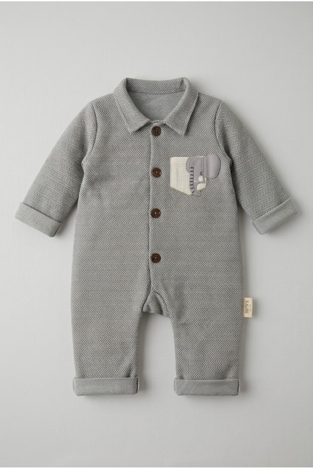 Baby Boy Elephant Patterned Polo Collar Buttoned Long Sleeve Jumpsuit