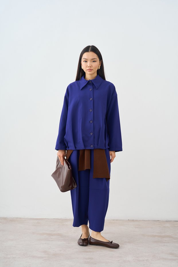 Women's Shirt Collar Button Detail Jacket Suit Saks Blue