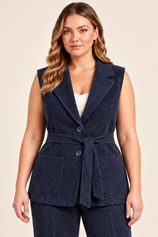 Velvet Detailed Waist Tie, Large Size Lined Vest, Navy Blue