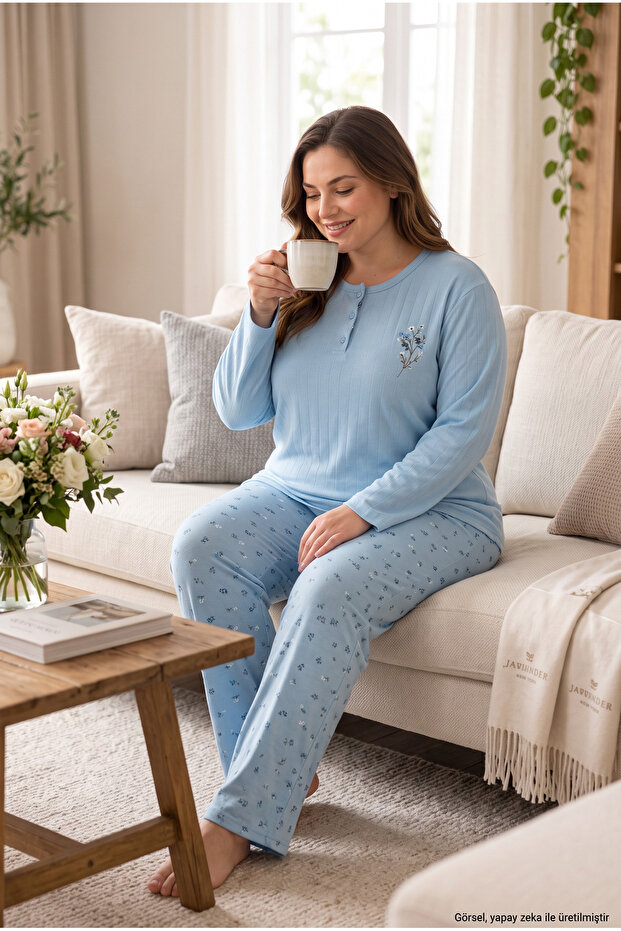 Ribbed Interlock Fabric Collar Buttoned Winter Plus Size Women's Pajama Set 2700