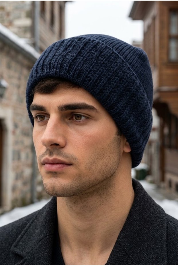 Men's Navy Blue Winter Siberian Beret Soft Wool Textured Windproof Folded Beret