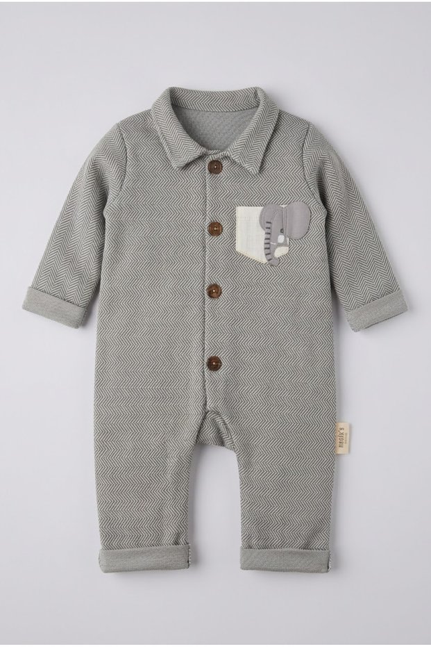 Baby Boy Elephant Patterned Polo Collar Buttoned Long Sleeve Jumpsuit