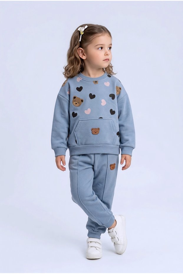 Girl's 3 Thread Threaded Oversize Sweatshirt Top and Bottom Set - Teddy Bear Heart Pattern - 2-5 Years Old