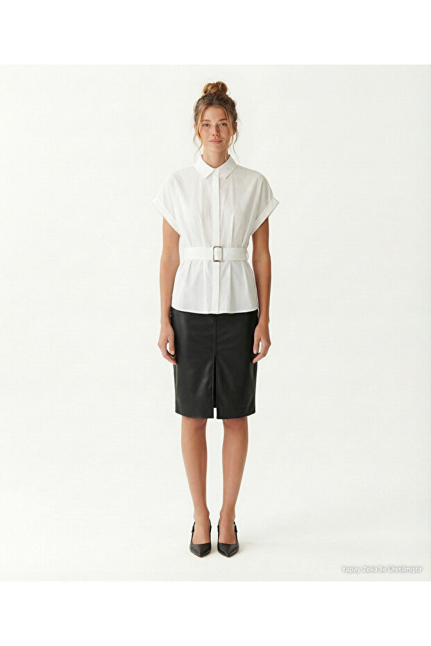 Fitted Shirt Collar Short Sleeve Blouse