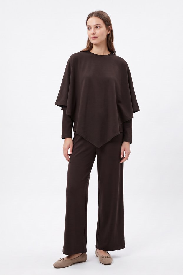 Asymmetrical Cape Suit 202715 - Brown