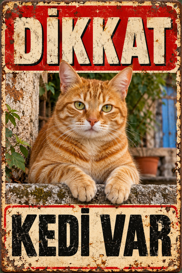 Caution Cat Is Present Sarman Tekir Cat Retro Metal Wall Sign 20X30 cm