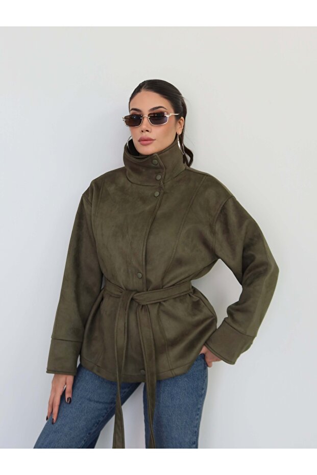 High Collar Snap Fastener Suede Jacket