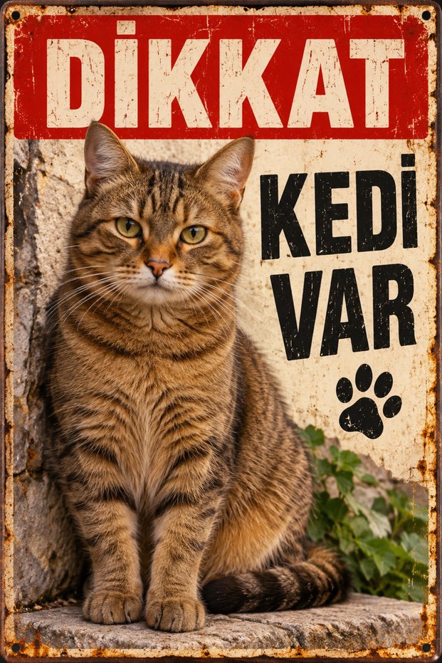 Caution There Is a Cat Brown Cat Retro Metal Wall Sign 30X40 cm