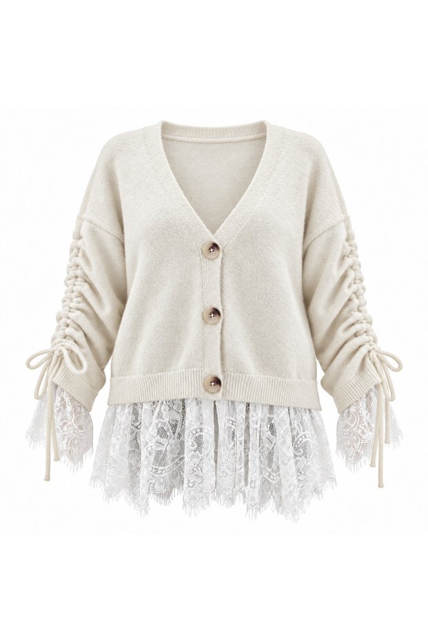 Women's Lace Detailed Gathered Sleeve Tie-Up Buttoned Knitwear Cardigan 8012