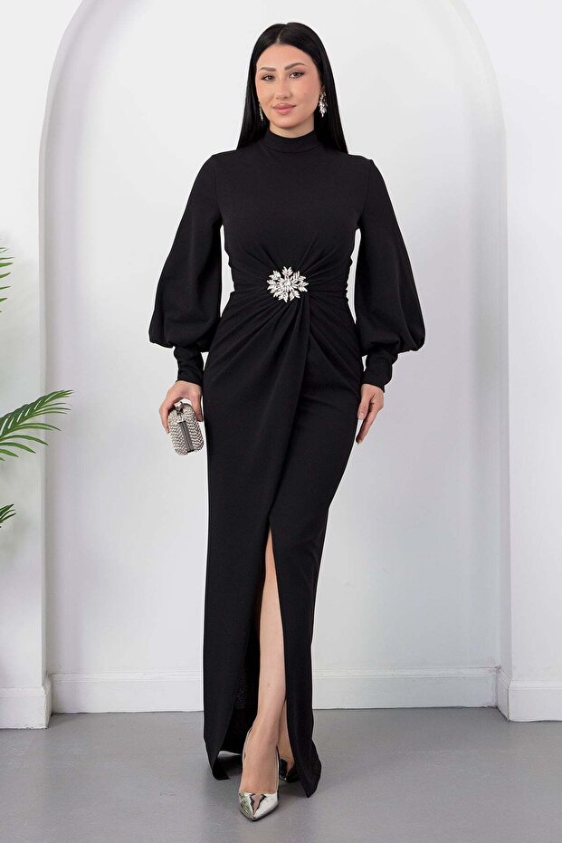 High Collar Long Sleeve Front Tassel Dress K-262752