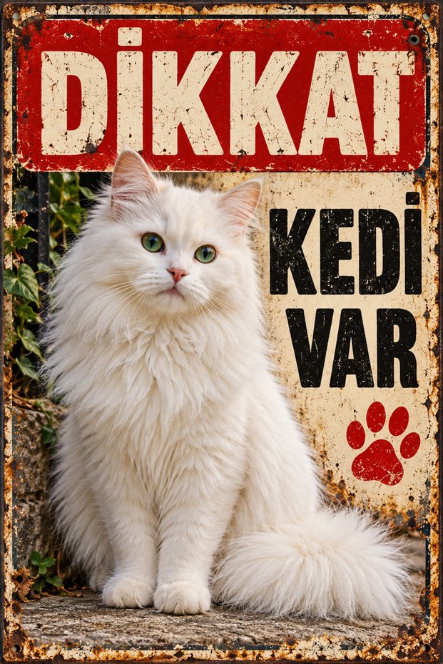 Caution There Is a Cat Long-Haired White Cat Retro Metal Wall Sign 30X40 cm