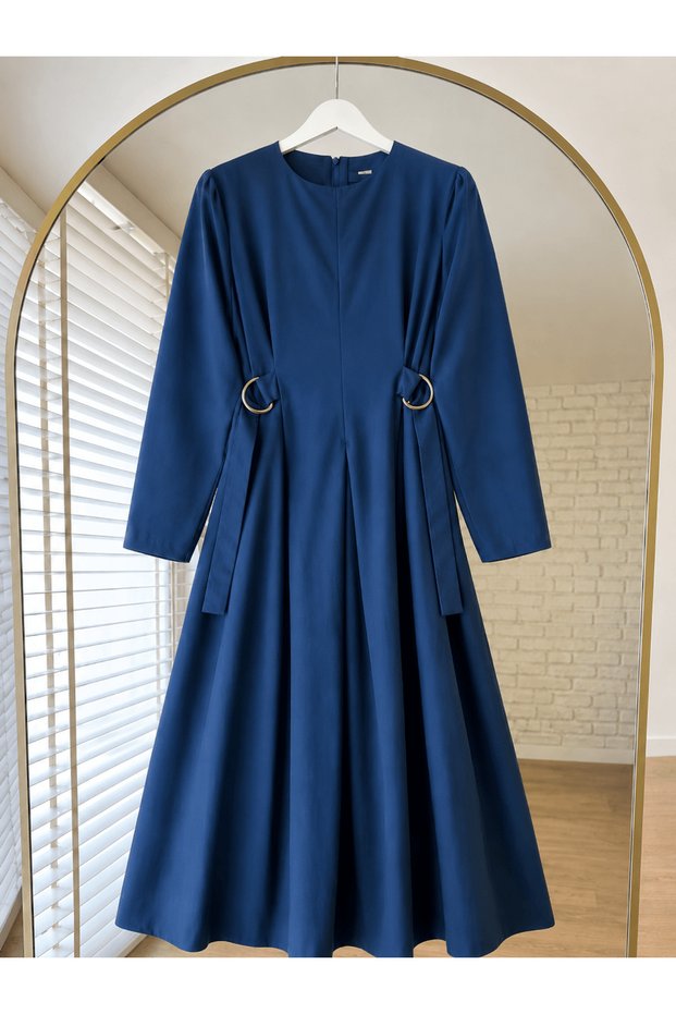 D Buckle Belted Dress - 6187 - Navy Blue