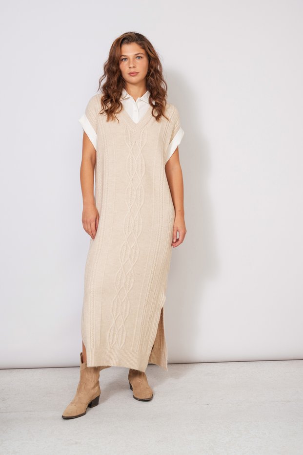 Shirt Collar Detail Long Knit Dress Stone