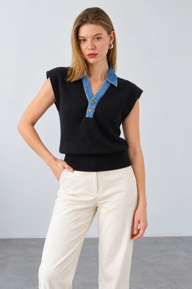 Women's Black Collared Sleeveless Knit Sweater with Denim Detail