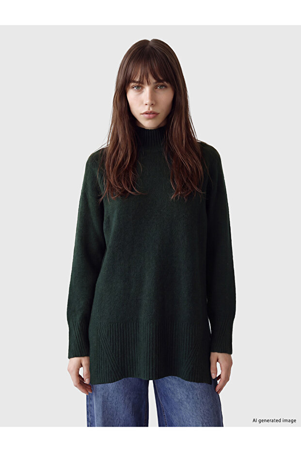 Two Mt Shop Quality Lcw Modest Green Knitwear Plain Oversize Women's Tunic