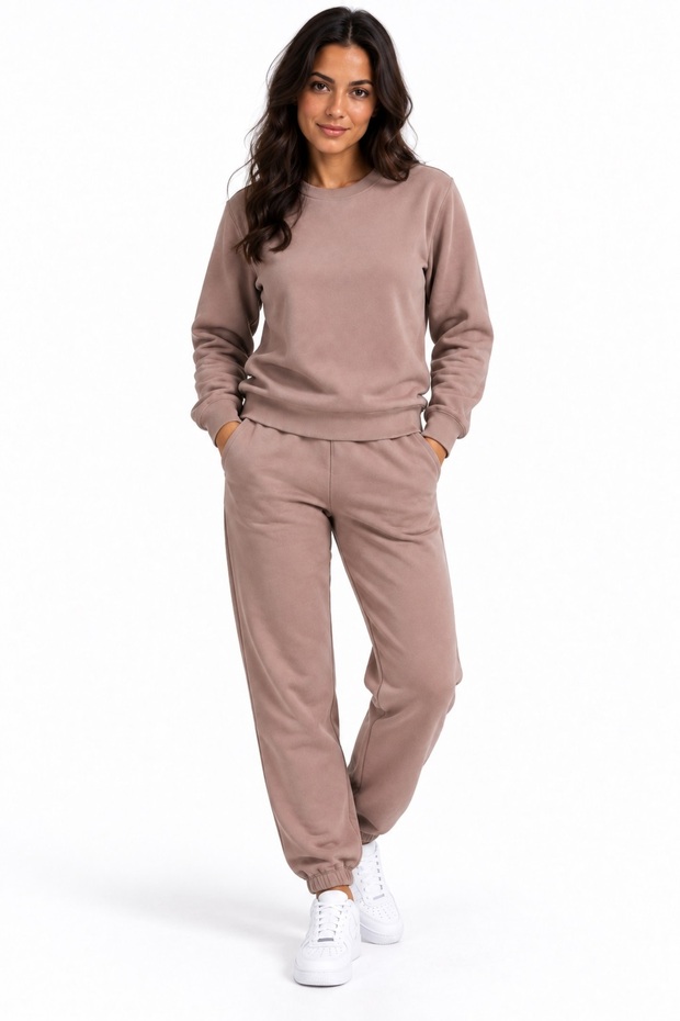 3-Piece Women's Tracksuit Set Crew Neck Top and Bottom with Soft Fleece Inside Smoked Gray Brown Black Stone