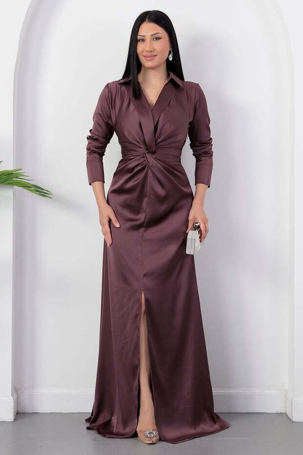 Shirt Collar Long Sleeve Front Knotted Dress K-262716