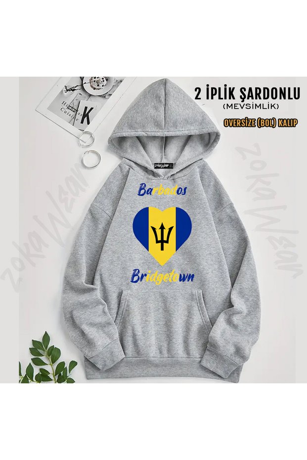 Bridgetown Barbados Flag Heart Printed Hooded Sweatshirt