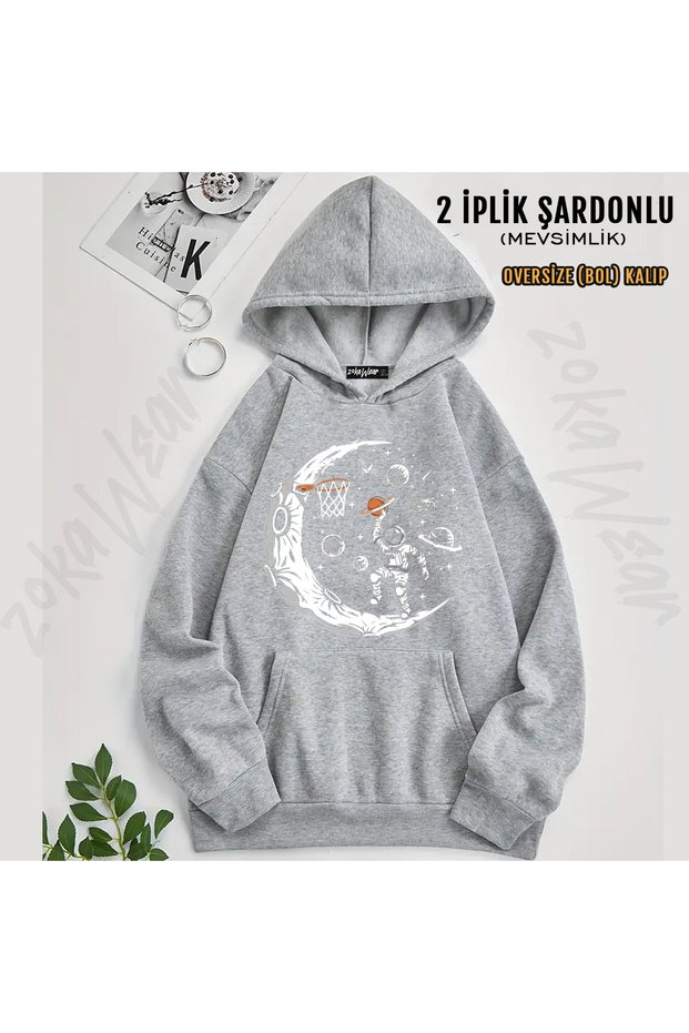 Astronaut Playing Basketball on the Moon with Saturn in Space Printed Hooded Sweatshirt