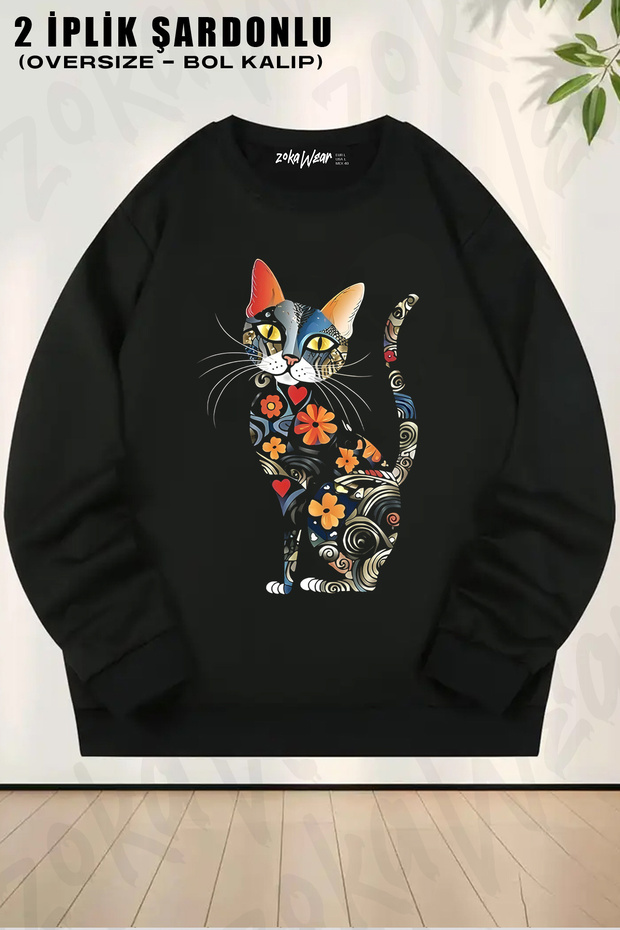 Cat Print Printed Crew Neck Sweatshirt