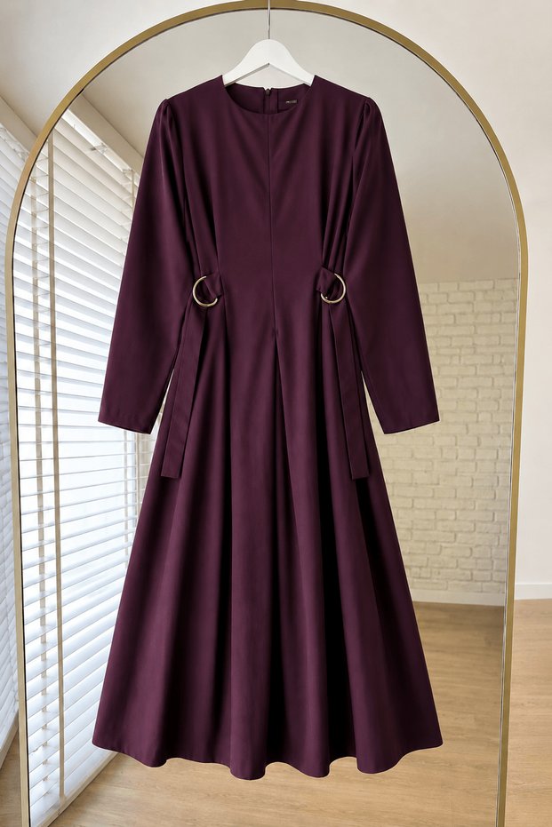 D Buckle Belted Dress - 6187 - Plum