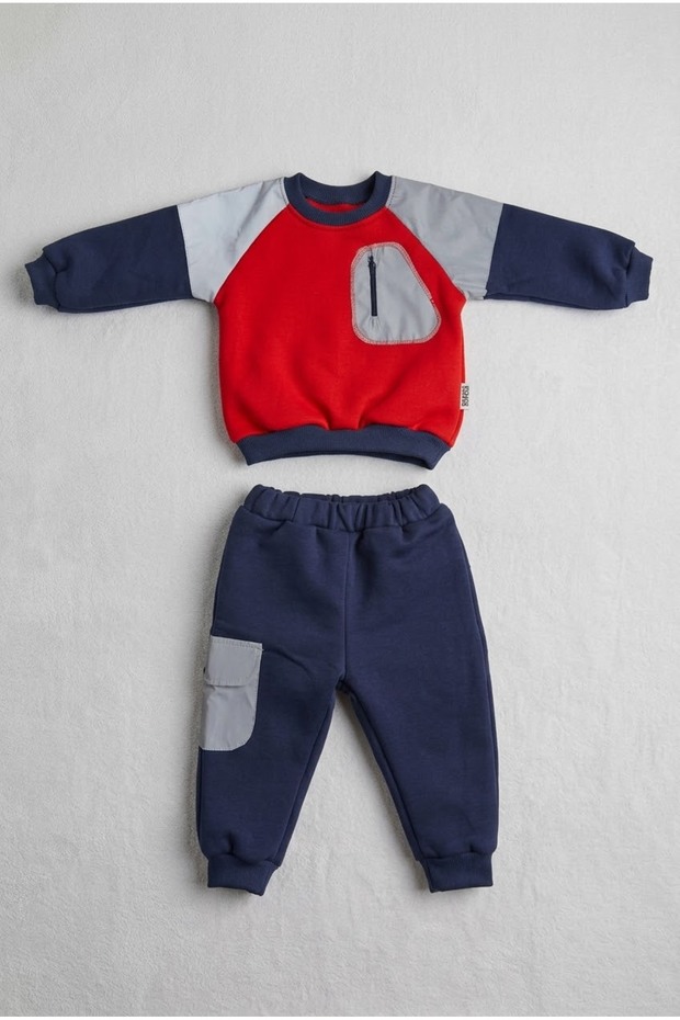 Crew Neck Pocketed Baby Boy Set with Reflective Detail, 2-Piece Set