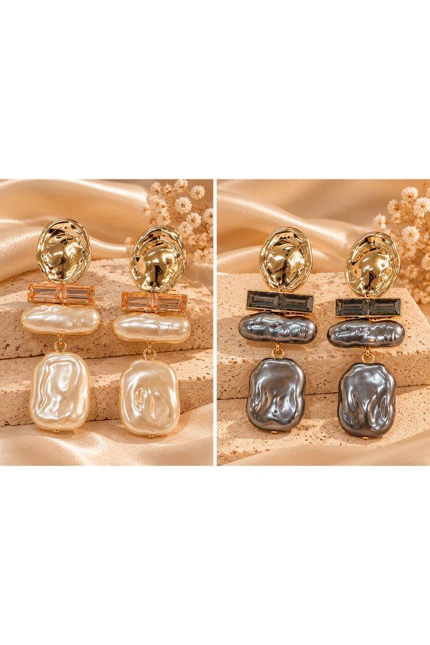 Gold Pearl-Look Stone Detailed Dangle Earrings for Women – Large and Stylish Design