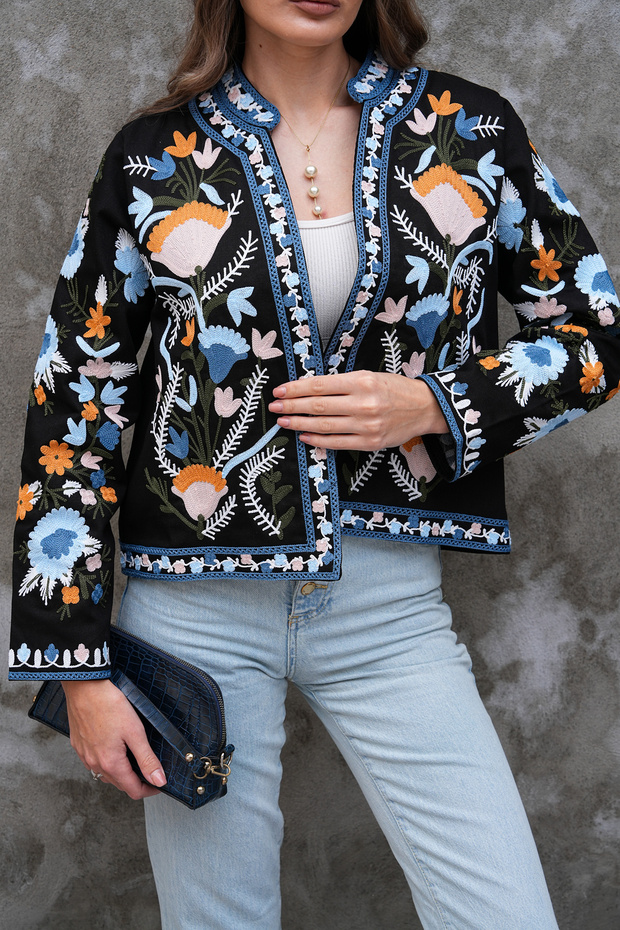 Women's Black Bohemian Embroidered Jacket Qs576