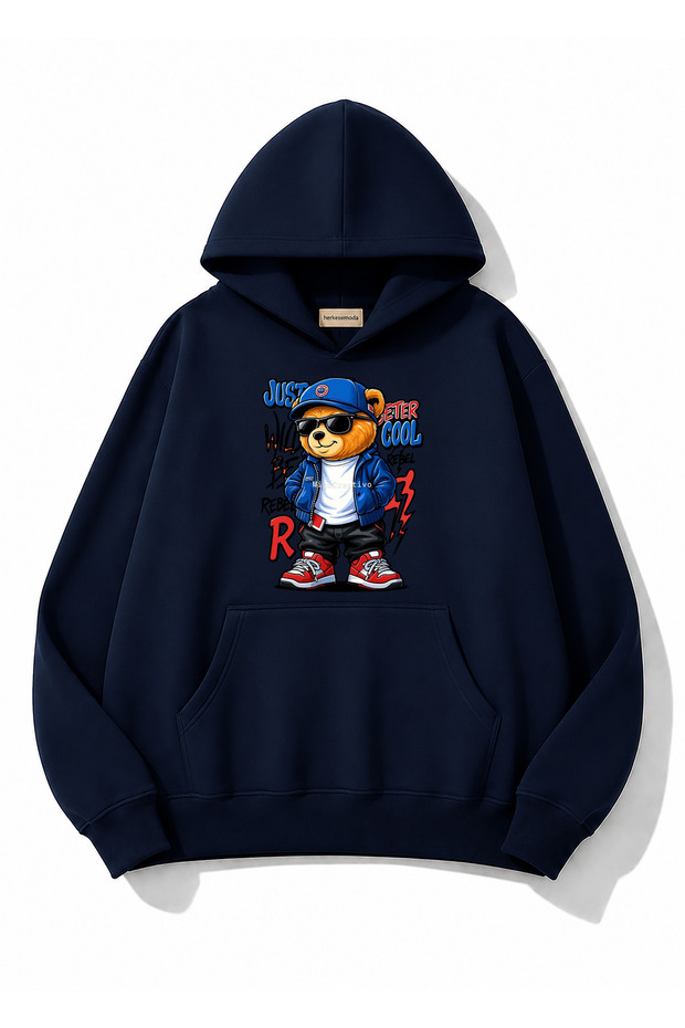 Teddy Bear Print Detailed Hooded 2 Thread Sweatshirt