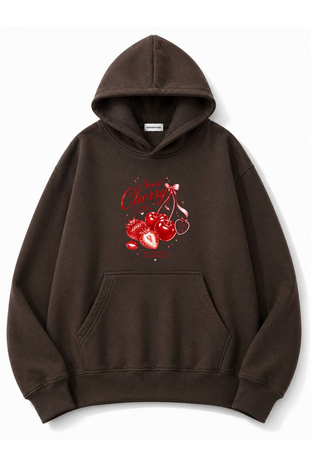 Cherry Printed Oversize Sweatshirt with Kangaroo Pocket
