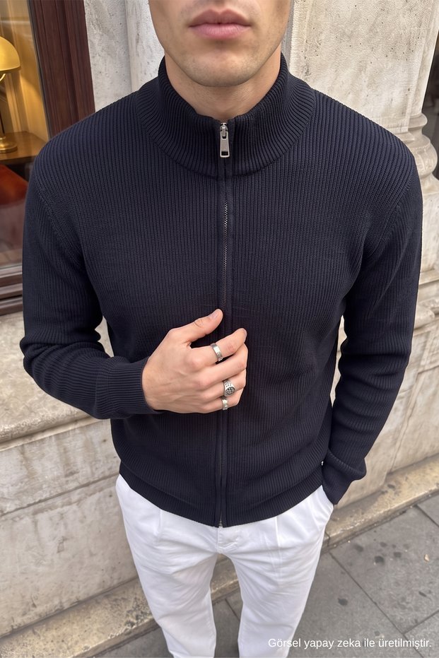 Kayes Corduroy Stand Collar Zippered Regular Fit Men's Knitwear Cardigan