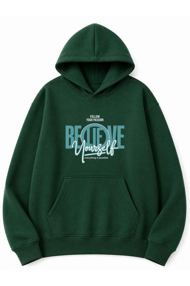 Believe Text Printed Oversize Sweatshirt with Kangaroo Pocket