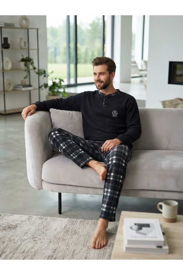 Father Son Men's Plaid Fleece Pajama Set (Sold Separately) Smoked Color with Pockets and Placketed Collar