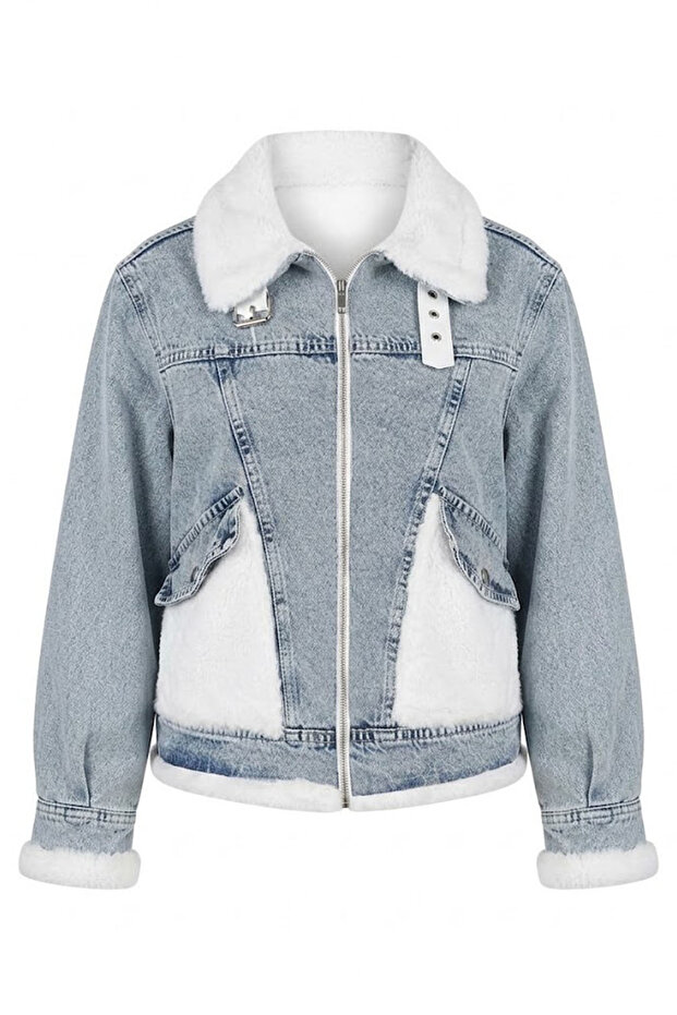 Pockets Plush Denim Jacket-Light Blue Light Blue