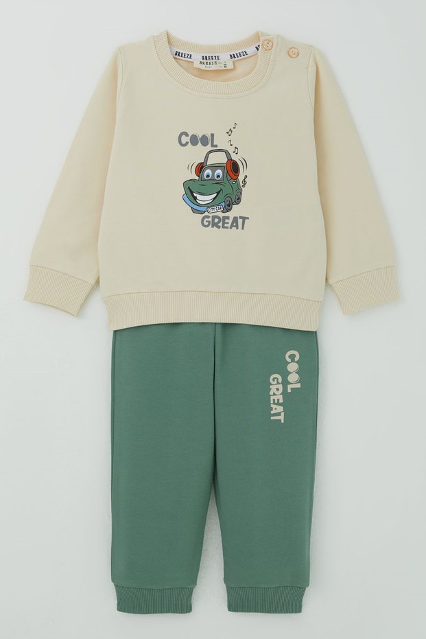 Baby Boy Tracksuit Set with Cool City Car Back Print Detail, 6 Months - 2 Years, Cream