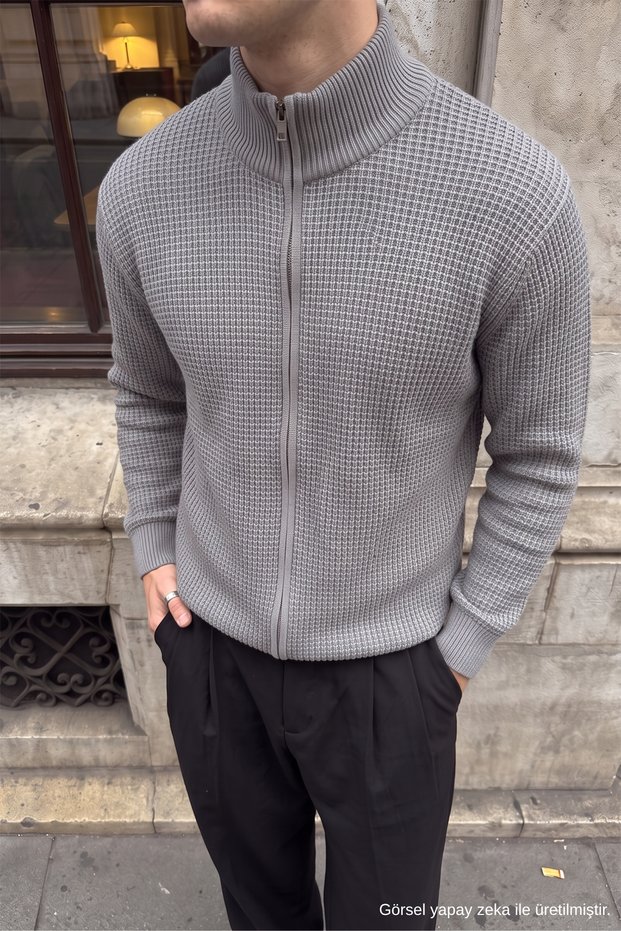 Sirte Checkered Patterned Stand Collar Zippered Regular Fit Men's Knitwear Cardigan
