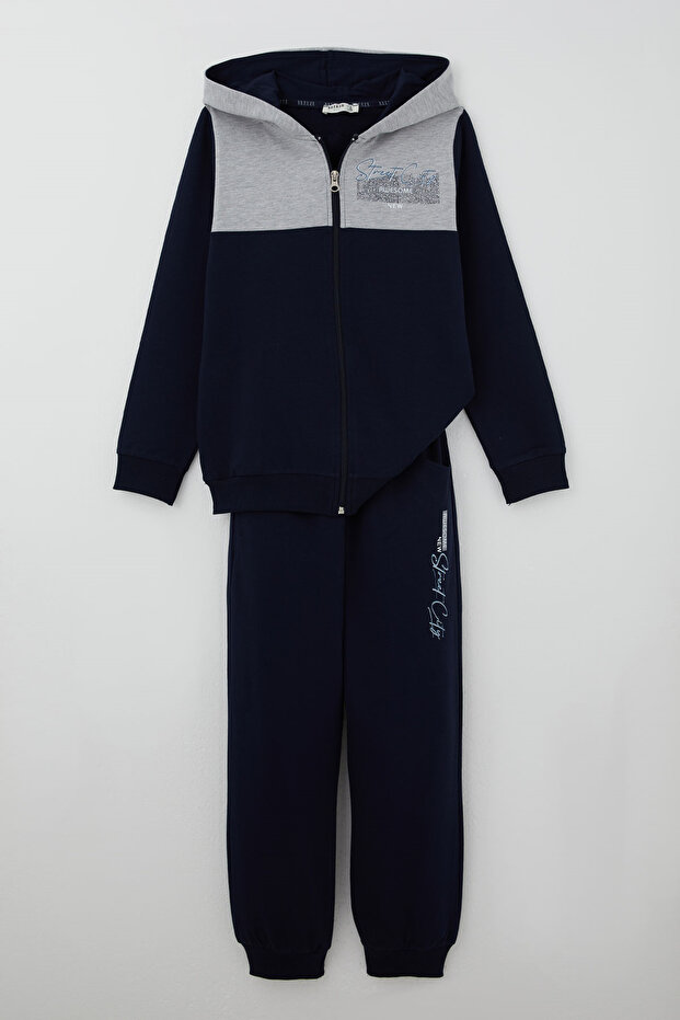 Boy's Tracksuit Set with Color Block Hooded Zipper, Ages 5-9, Navy Blue