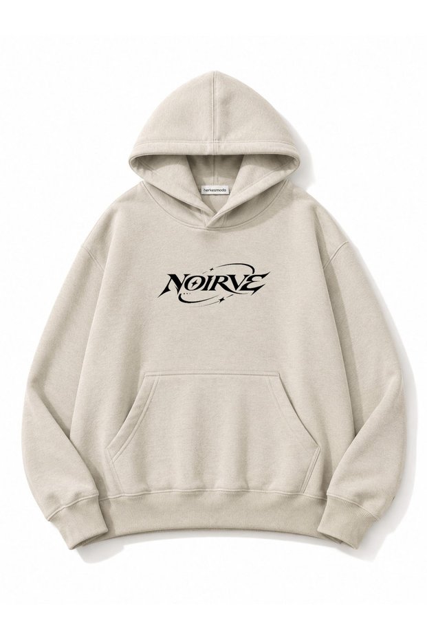 Noirve Printed Oversize Sweatshirt with Kangaroo Pocket