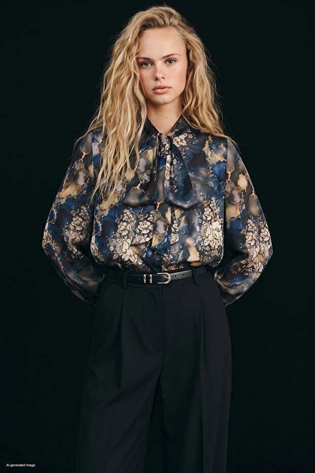 Patterned Scarf Shirt - Navy Blue