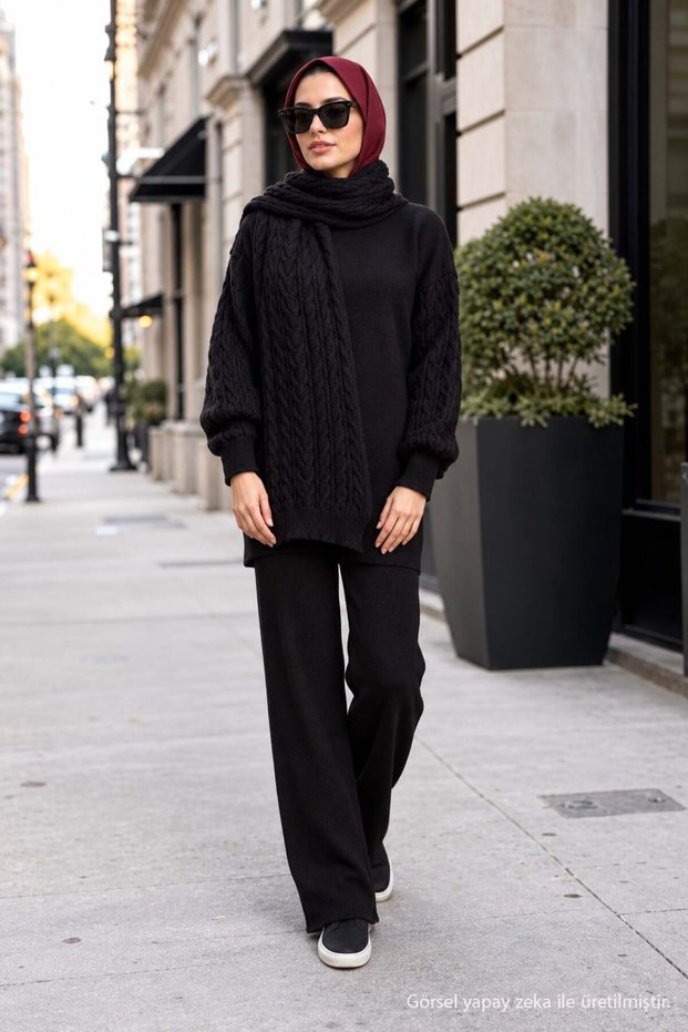 Knitted Sweater Set with Scarf Black Hm2960