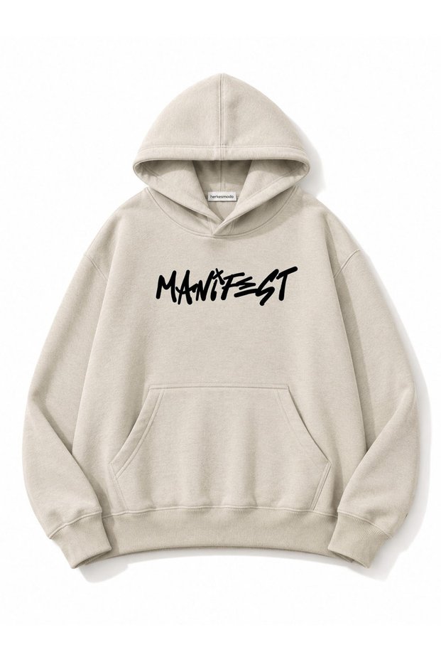 Manifest Text Printed Oversize Sweatshirt with Kangaroo Pocket