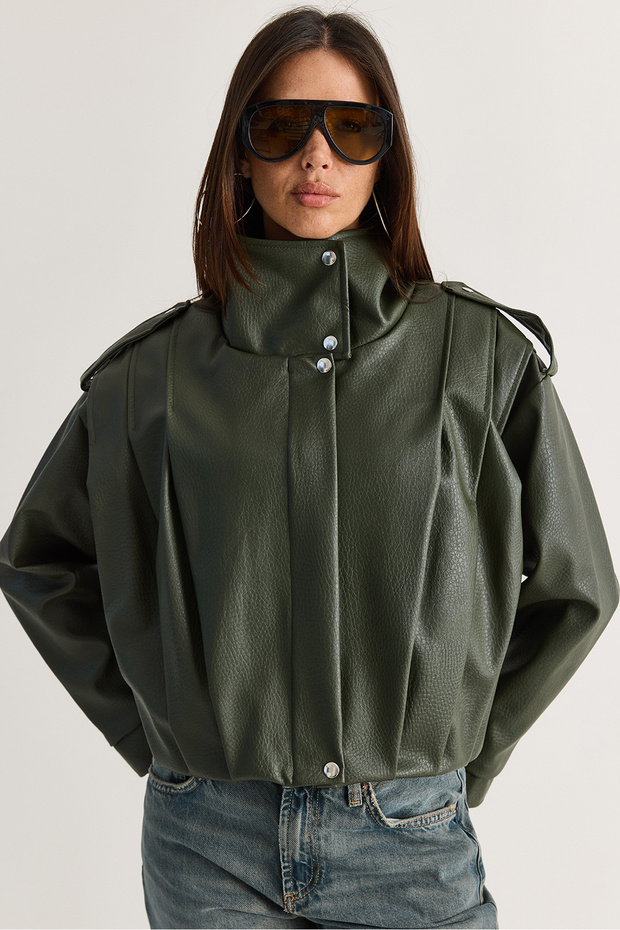 Women's Khaki Lined Stand Collar Shoulder Epaulettes Snap Closure Oversize Faux Leather Jacket 2838 60286593