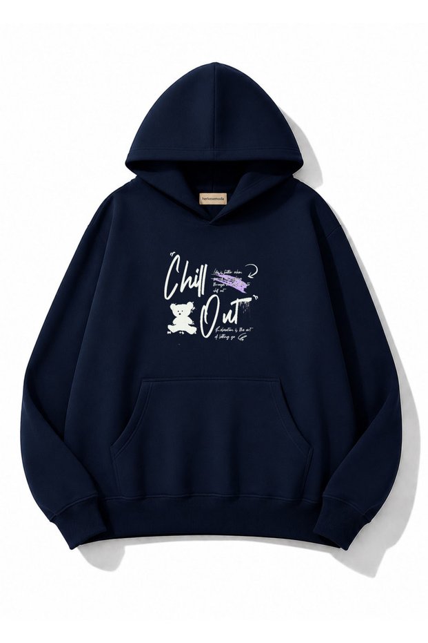 Chill Out Text Printed Oversize Sweatshirt with Kangaroo Pocket