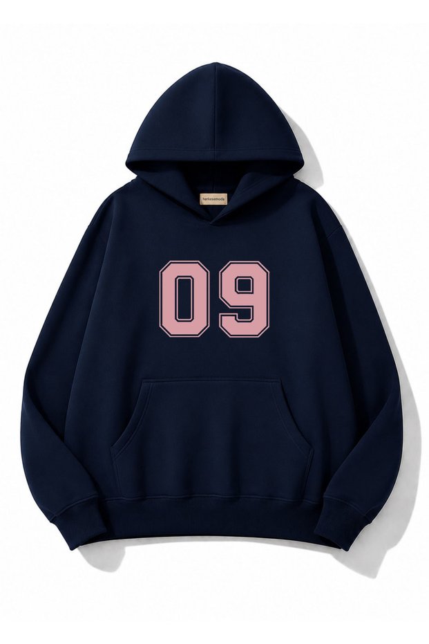 9 Text Printed Oversize Sweatshirt with Kangaroo Pocket
